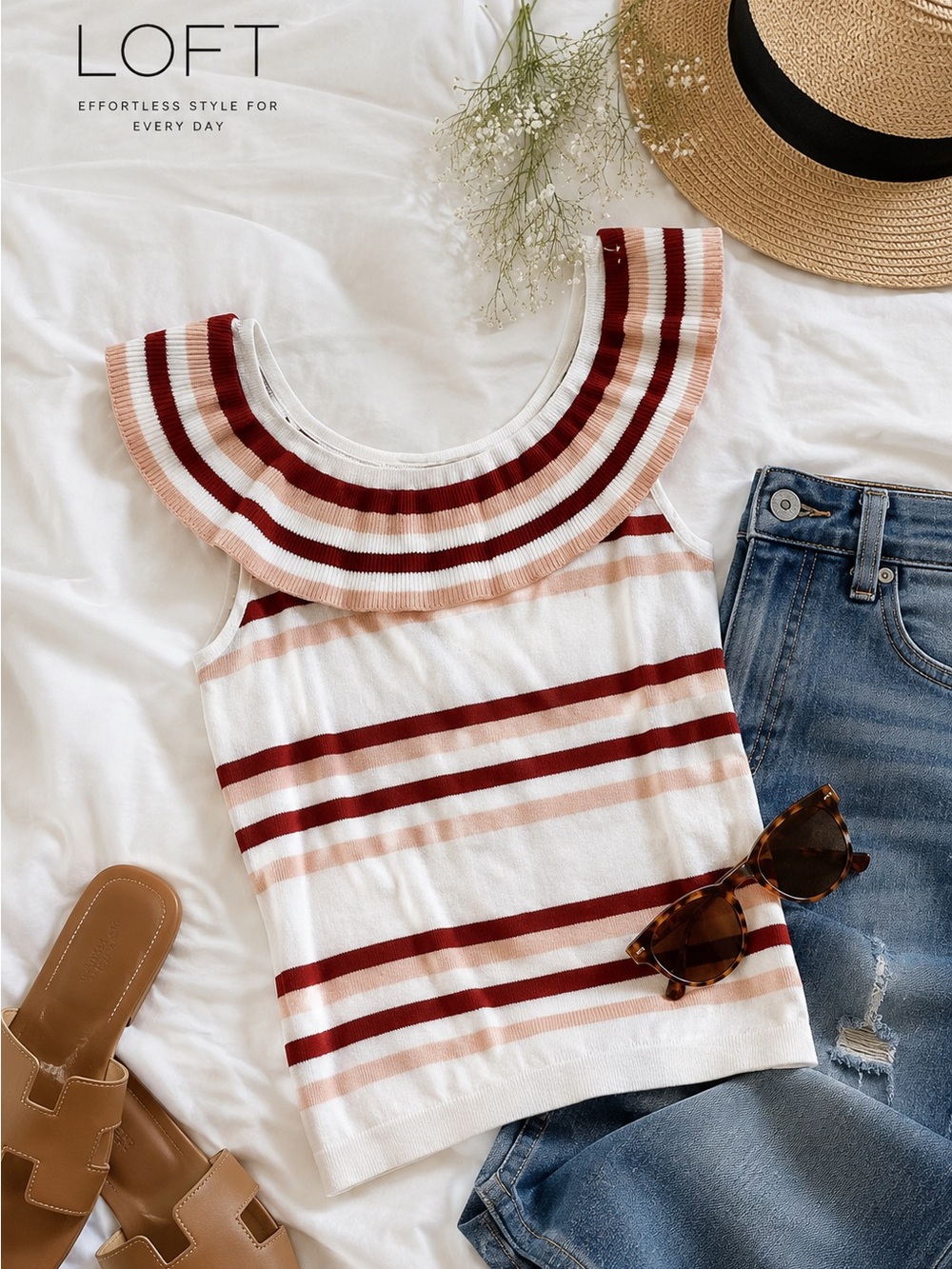LOFT WHITE & CORAL STRIPED RUFFLED NECK SLEEVELESS KNIT  BLOUSE TOP SZ xsmall